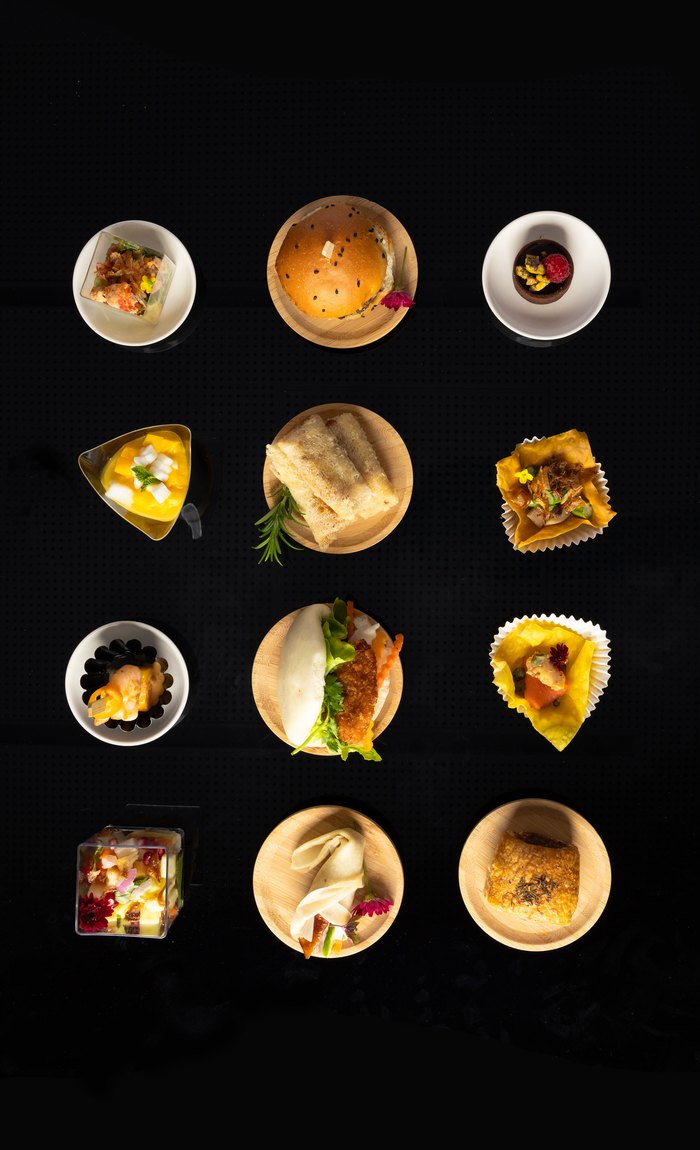 Canap&eacute;s plated individually and photographed from above