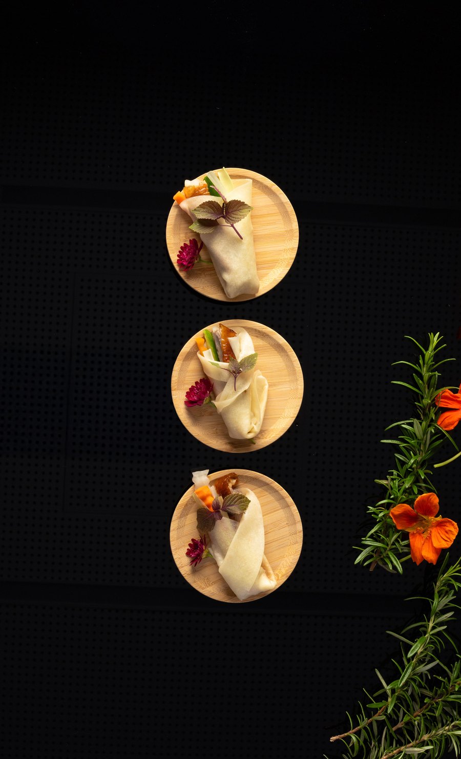 Duck pancake rolls plated individually
